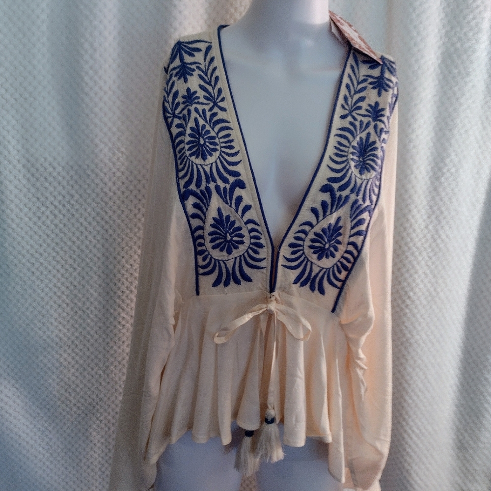 Retro Boho Ecru Pheasant Blouse Embroidery Band of Gypsies Ties Tassels NWT